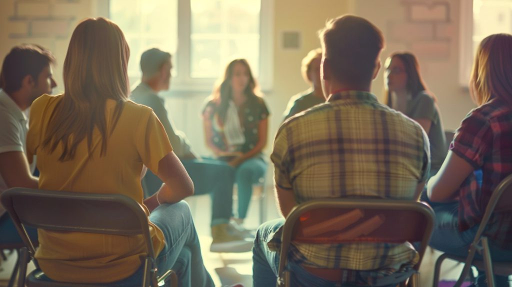 Gruppo di persone sedute in cerchio durante una discussione su prevenzione del gioco d'azzardo in una stanza luminosa.